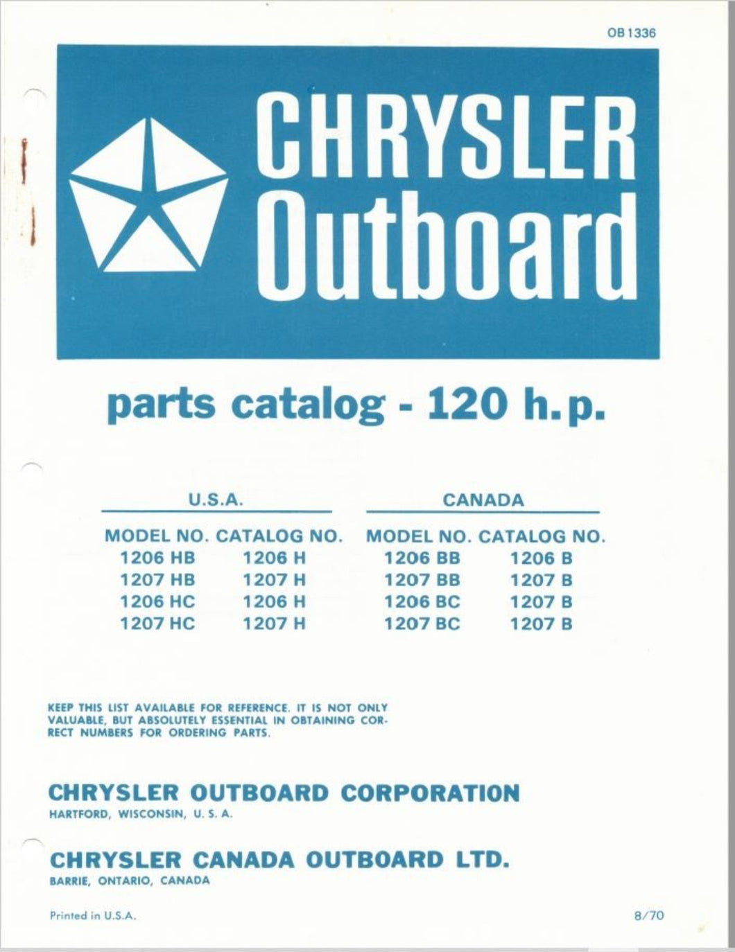 1970 Chrysler 120 HP 1206HB 1207HB 1206HC 1207HC 1206BB 1207BB Parts Catalog