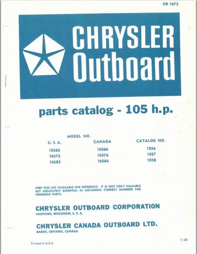 1968 Chrysler 105 HP 10565 10566 10575 10576 10583 10584 Parts Catalog - Used