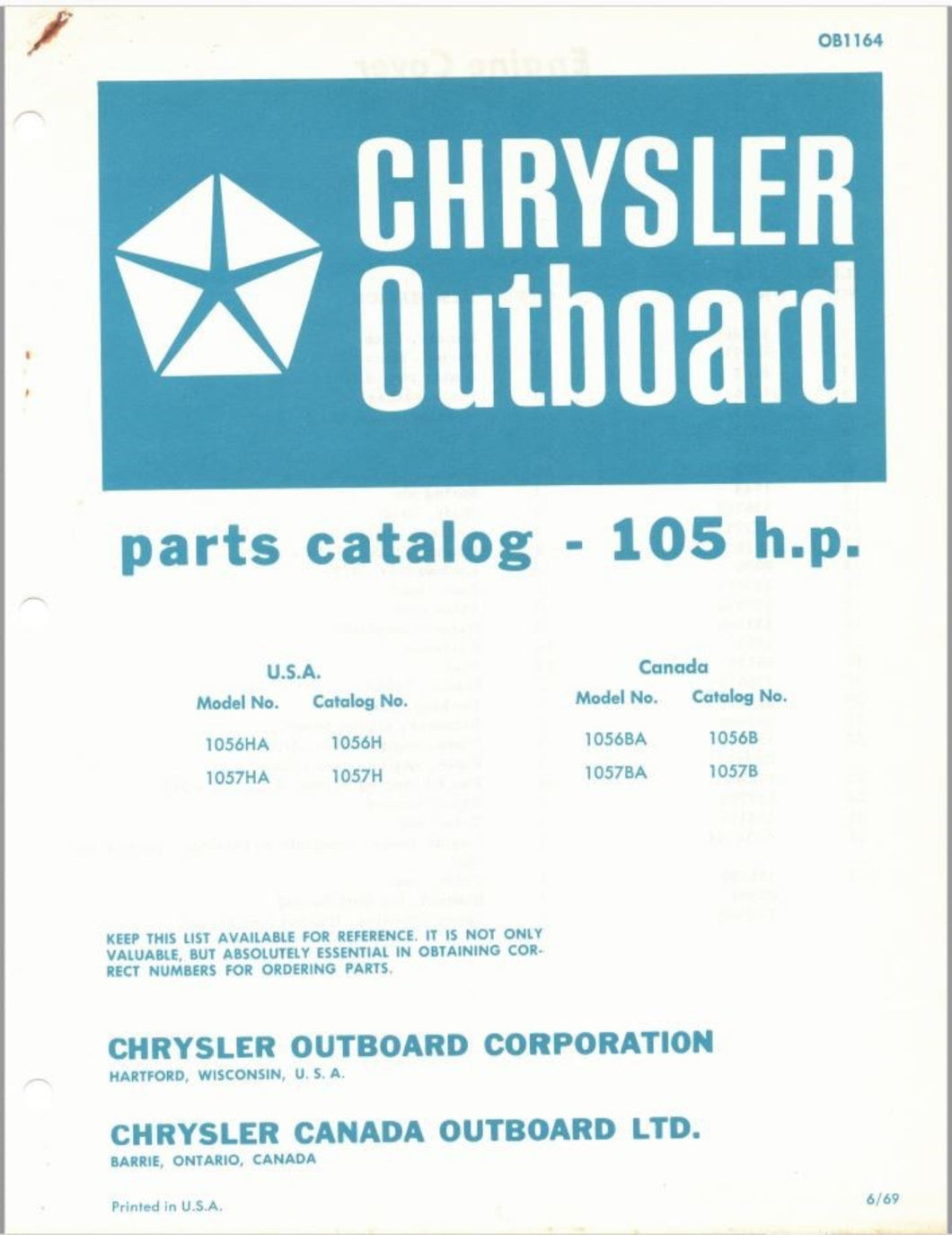 1969 Chrysler 105HP 1056HA 1057HA 1056BA 1057BA Parts Catalog