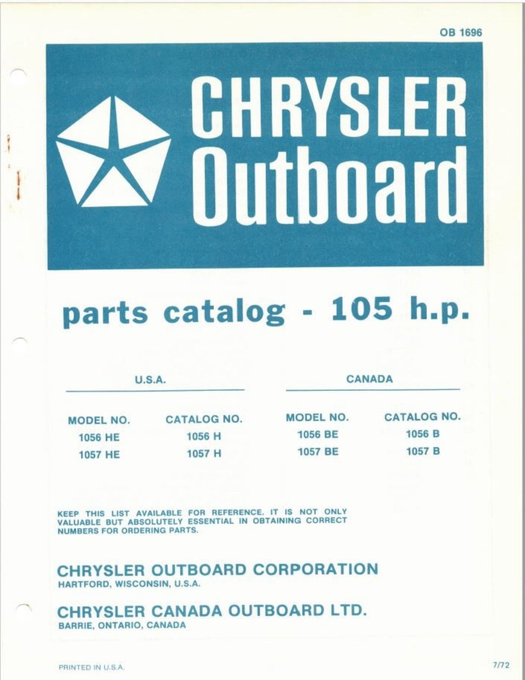 1972 Chrysler 105HP 1056HE 1057HE 1056BE 1057BE Parts Catalog