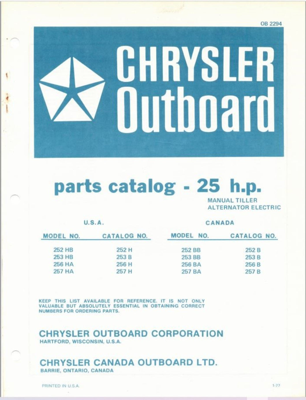 1977 Chrysler 25 HP 252HB 253HB 256HA 257HA 252BB 253BB 256BA Parts Catalog