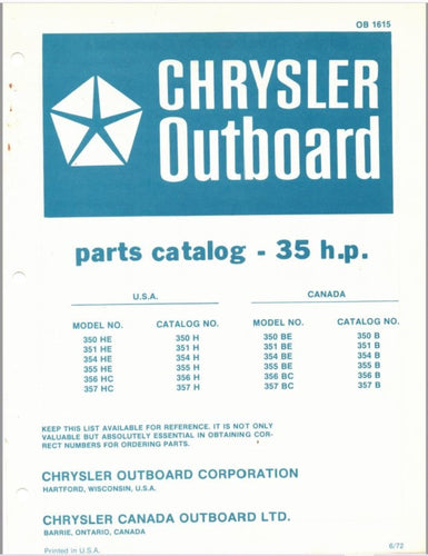 1972 Chrysler 35HP 351HE 354HE 355HE 356HC 357HC 350BE 351BE 354BE Parts Catalog