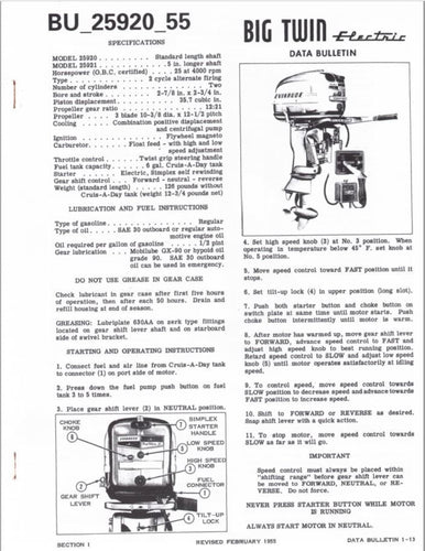 1955 Evinrude 25hp Big Twin Electric 25921 25921 Data Bulletin BU_25920_55