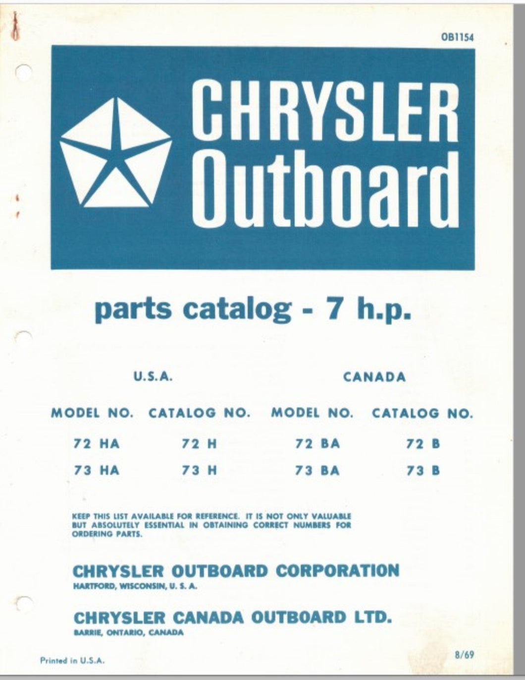 1969 Chrysler 7 HP 72HA 73HA 72BA 73BA Parts Catalog - Used