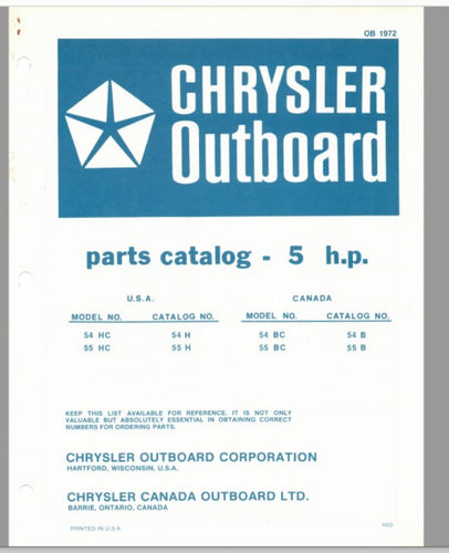 1976 Chrysler 5 HP 54HC 55HC 54BC 55BC Parts Catalog - Used