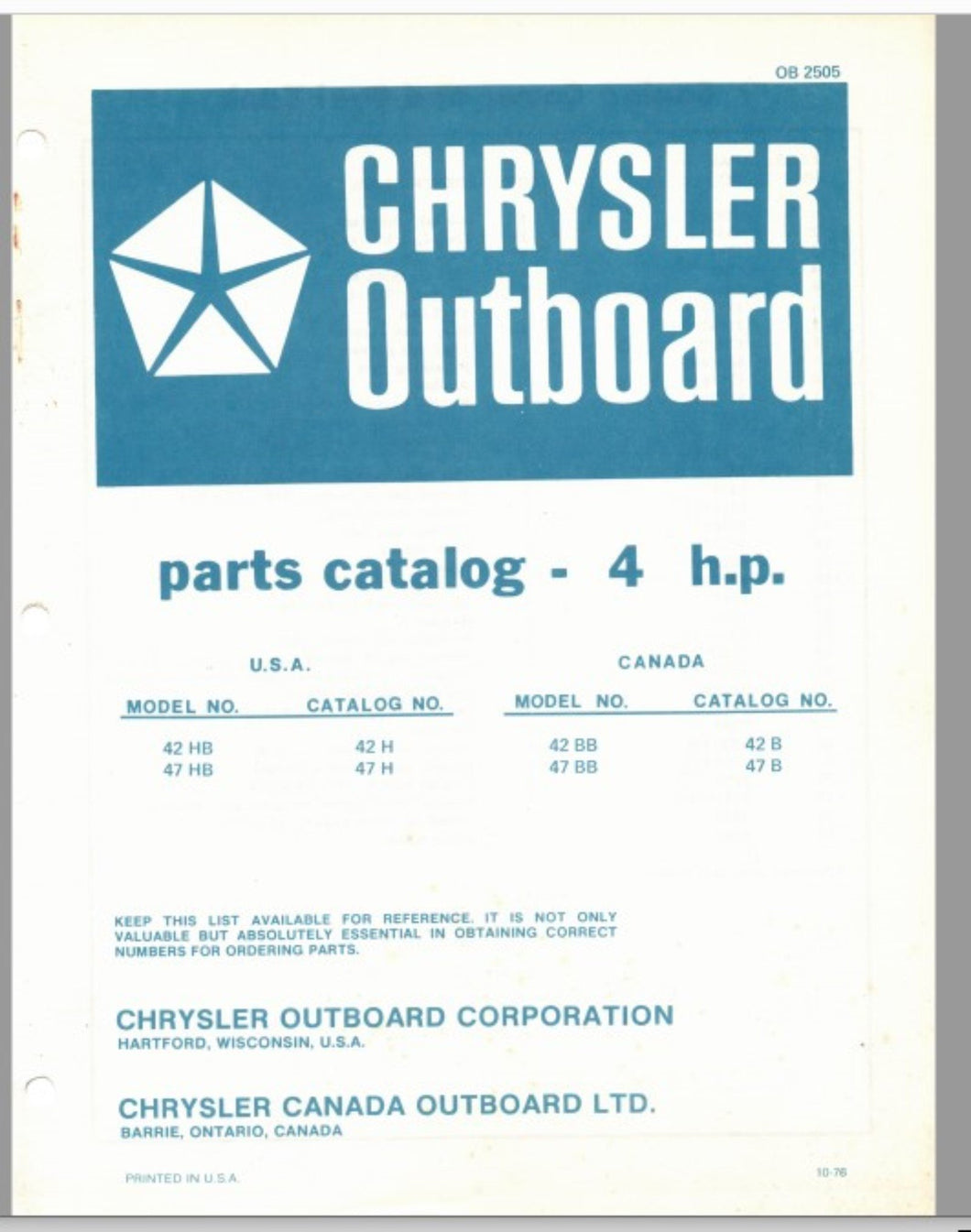 1976 Chrysler 4 HP 42HB 47HB 42BB 47BB Parts Catalog