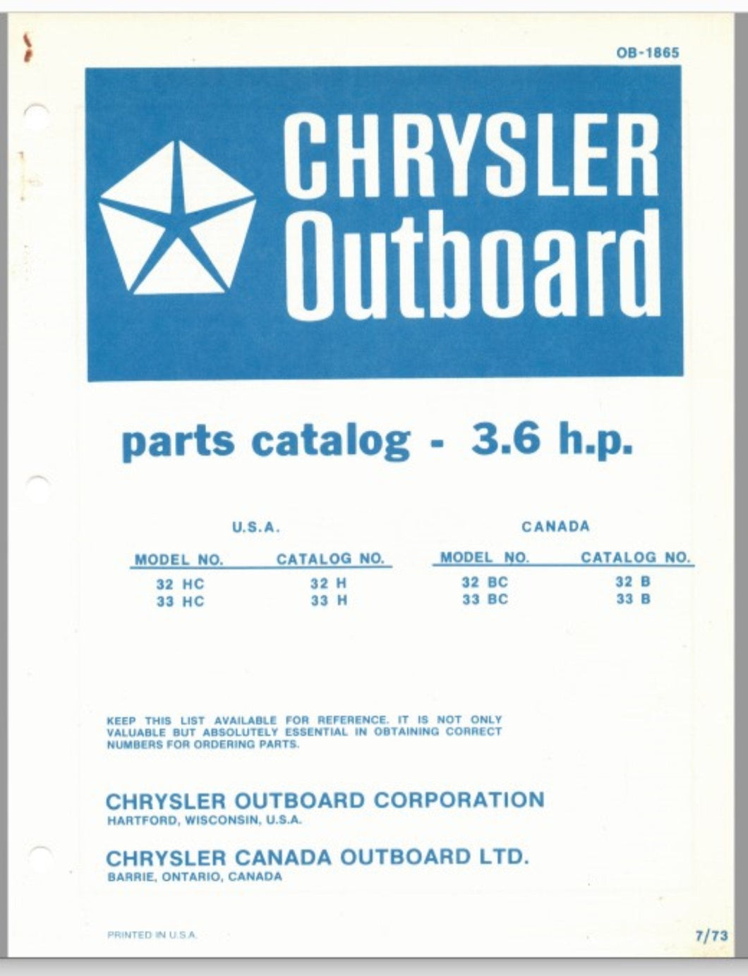 1973 Chrysler 3.6 HP 32HC 33HC 32BC 33BC Parts Catalog - Used