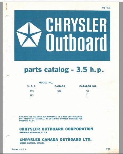 1968 Chrysler 3.5 HP 303 313 304 Parts Catalog - Used