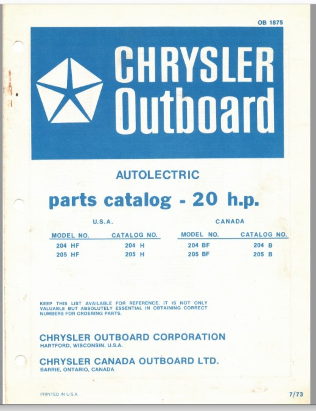 1970 Chrysler 20 HP 204HB 205HB 204BB 205BB Autolectric Parts Catalog - Used