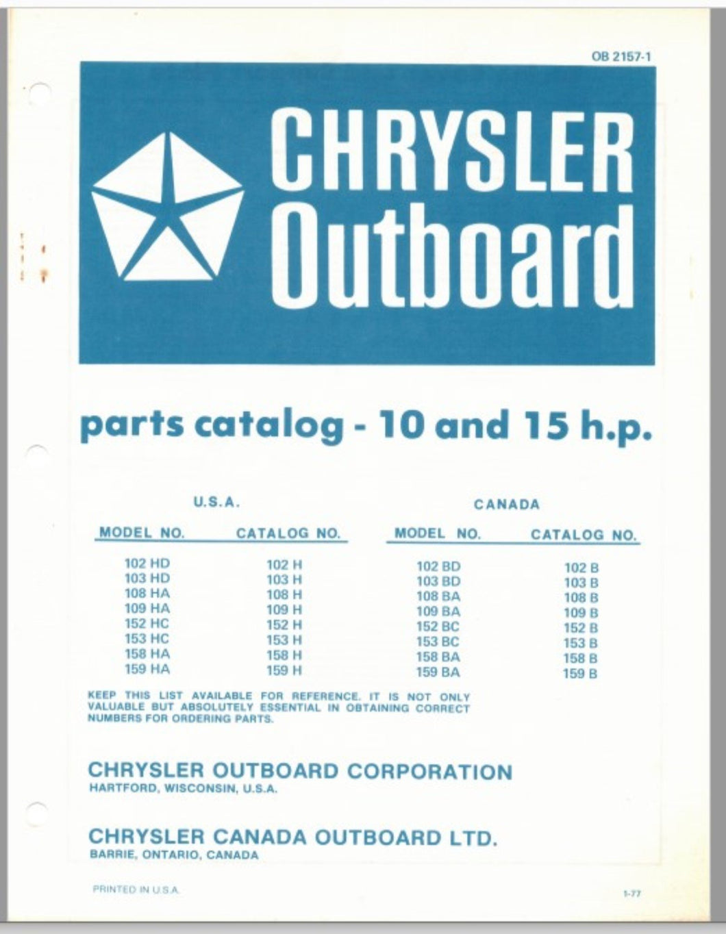 1977 Chrysler 10 & 15HP 102HD 103HD 108HA 109HA 152HC 153HC 158HA Parts Catalog