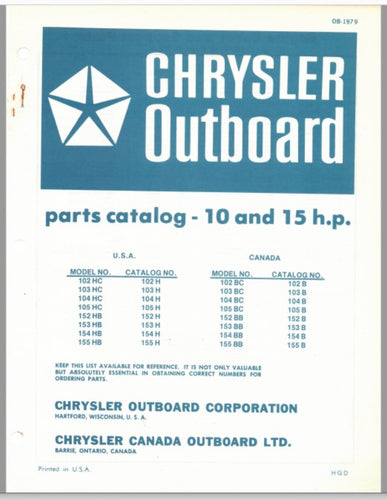 1976 Chrysler 10 & 15HP 102HC 103HC 104HC 105HC 152HB 153HB 154HB Parts Catalog