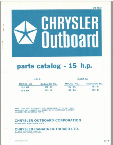 1973 Chrysler 15 HP 152HA 153HA 152BA 153BA Parts Catalog