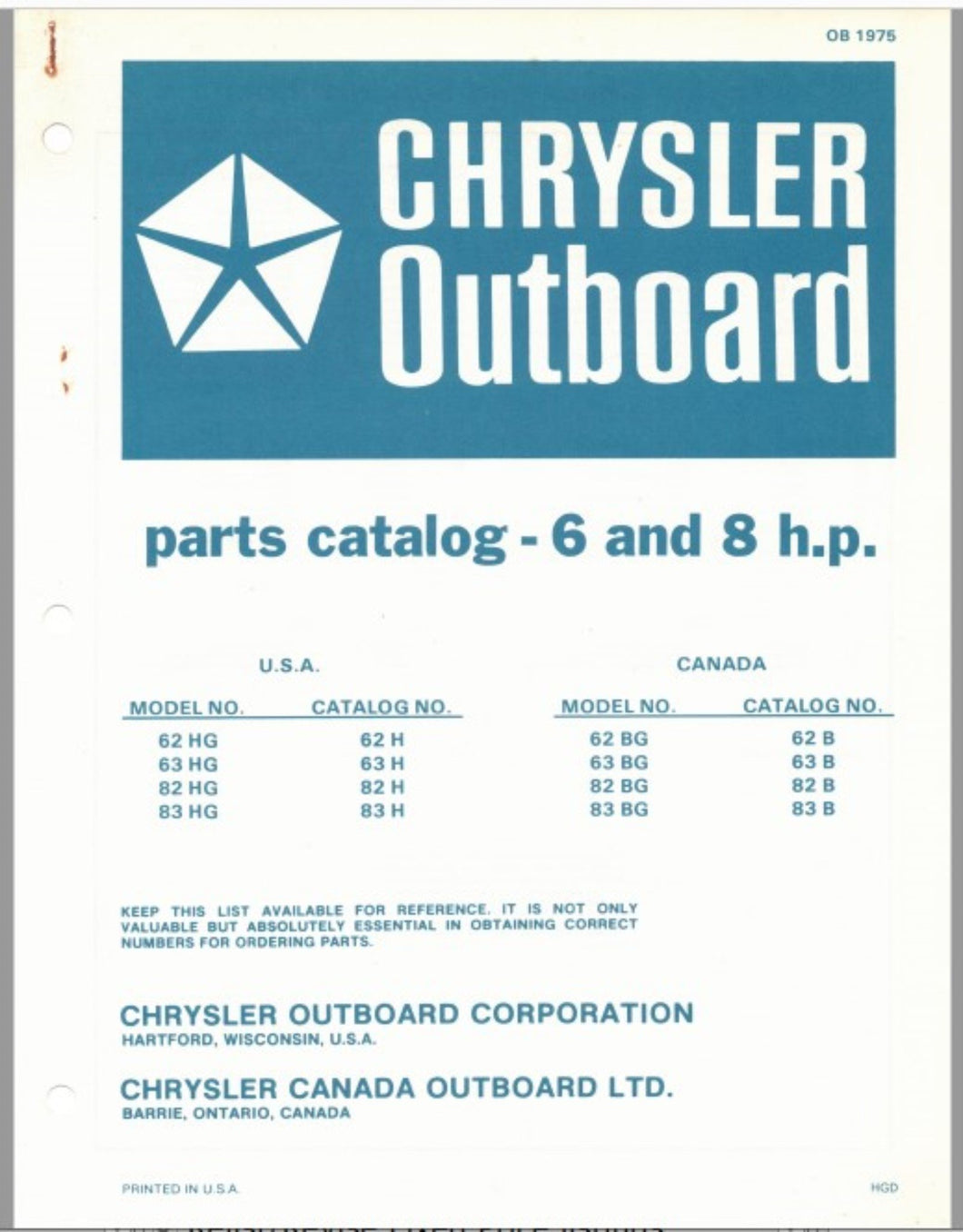 1976 Chrysler 6 & 8 HP 62HG 63HG 82HG 83HG 62BG 63BG 82BG 83BG Parts Catalog