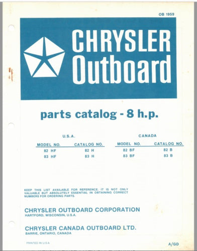 1975 Chrysler 8 HP 82HF 83HF 82BF 83BF Parts Catalog - Used