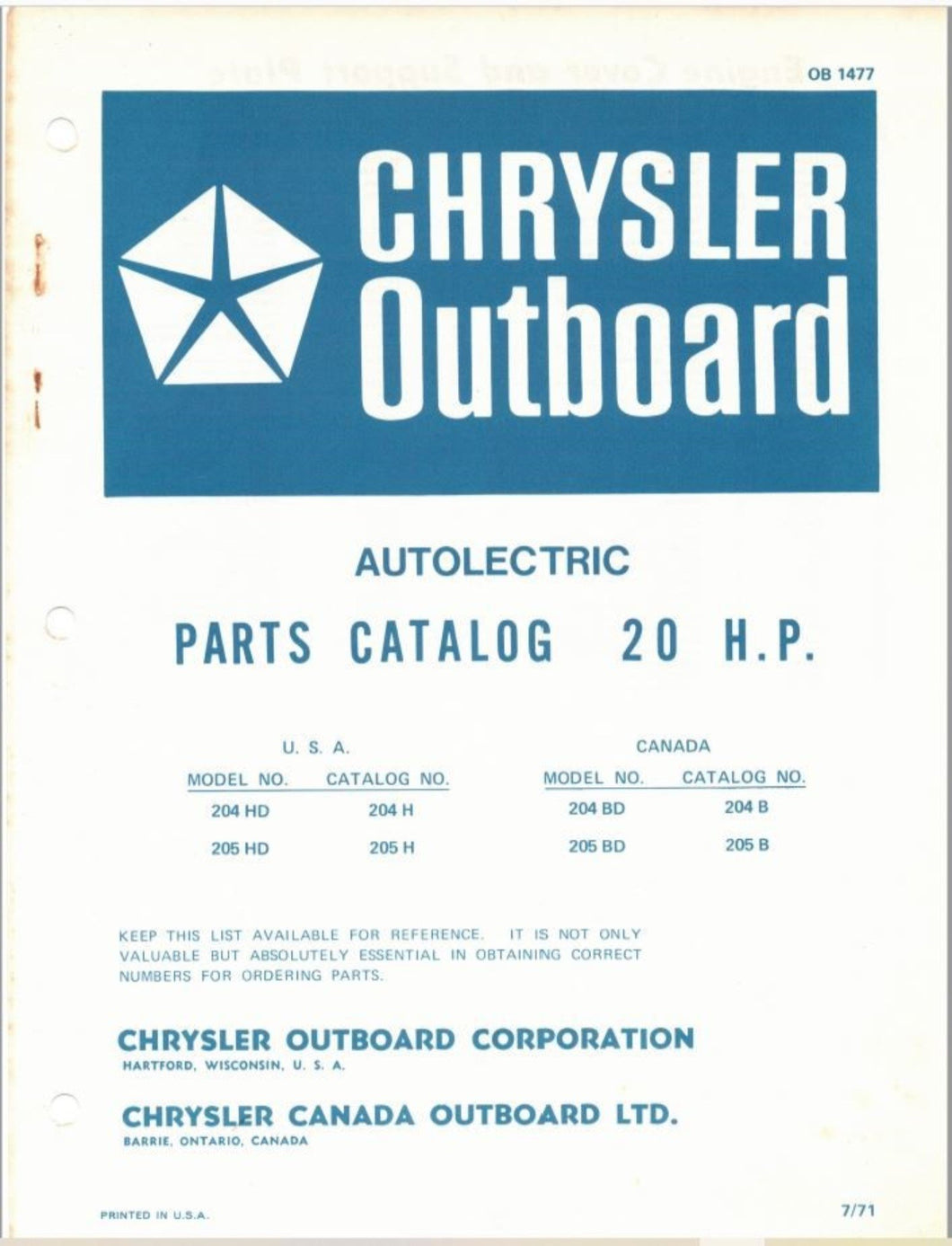 1971 Chrysler 20 HP 204HD 205HD 204BD 205BD Parts Catalog