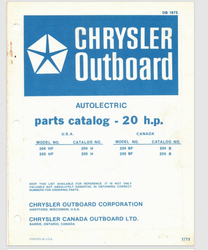 1973 Chrysler 20 HP 204HF 205HF 204BF 205BF Parts Catalog