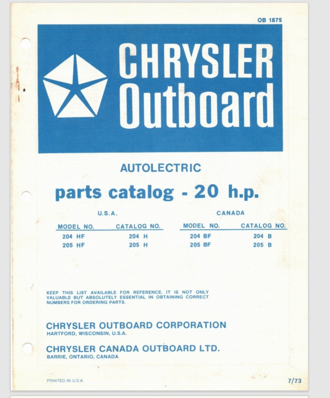 1973 Chrysler 20 HP 204HF 205HF 204BF 205BF Parts Catalog