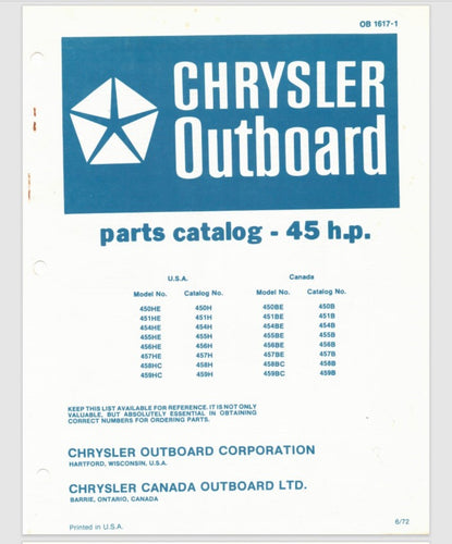 1972 Chrysler 45HP 450HE 451HE 454HE 455HE 456HE 457HE 458HC 459HC Parts Catalog