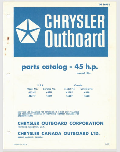 1972 Chrysler 45 HP 452HF 453HF 452BF 453BF Parts Catalog