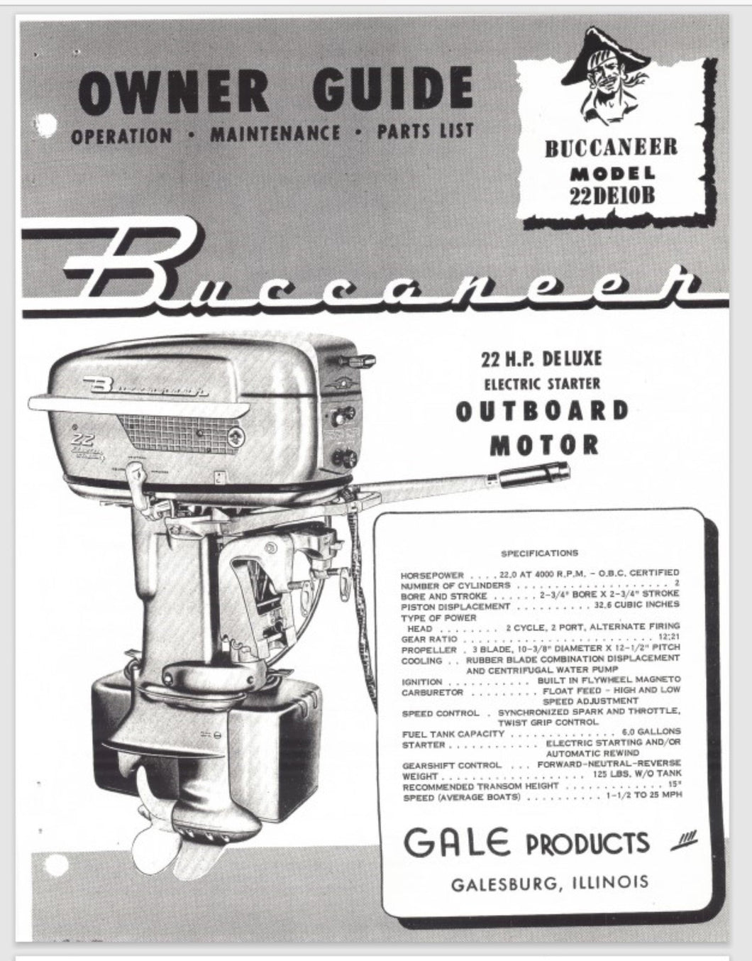 1955 Gale Buccaneer 22 HP 22DE10B Owner Guide/Parts Catalog