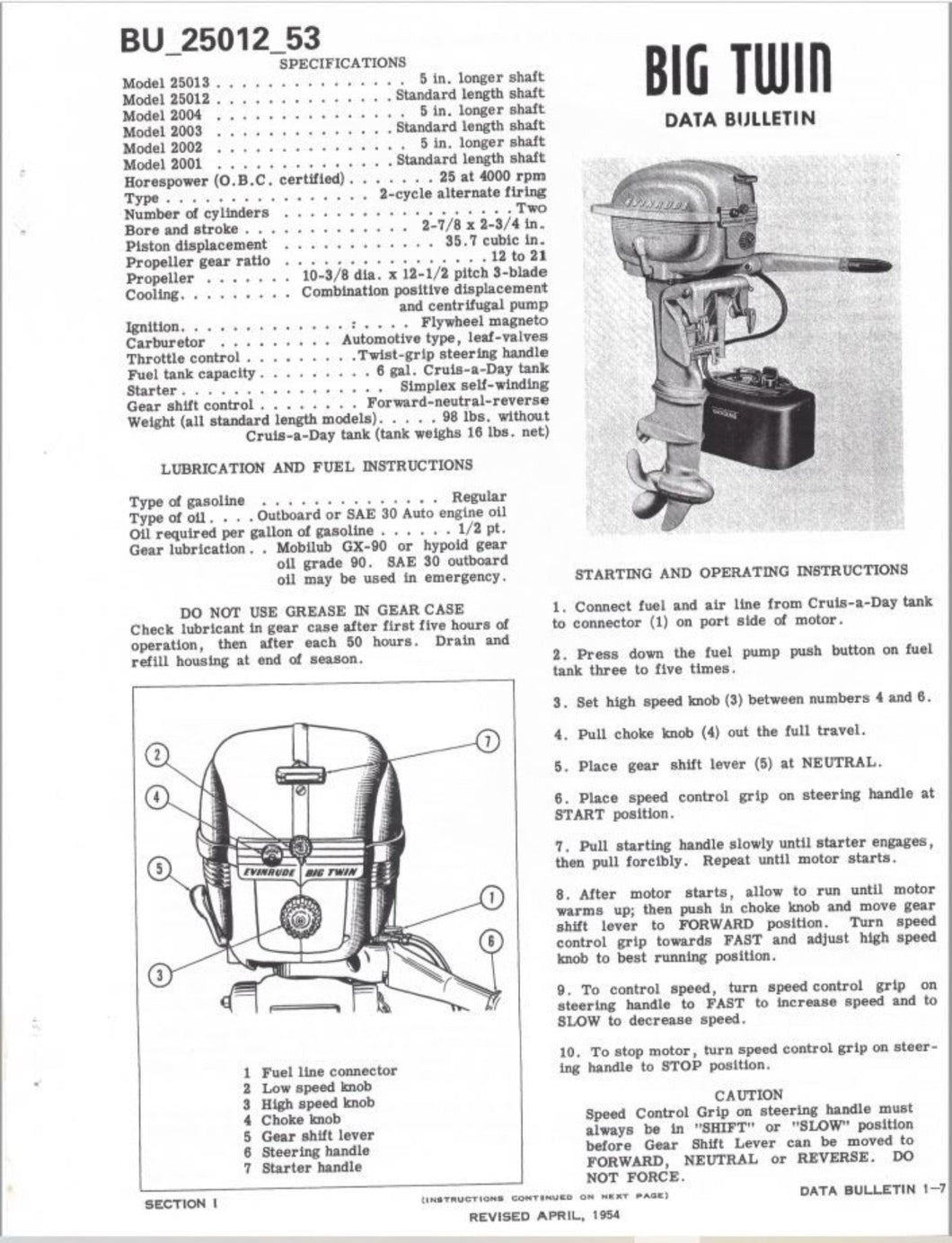 1953 Evinrude Big Twin 25 HP 25012 25013 Data Bulletin