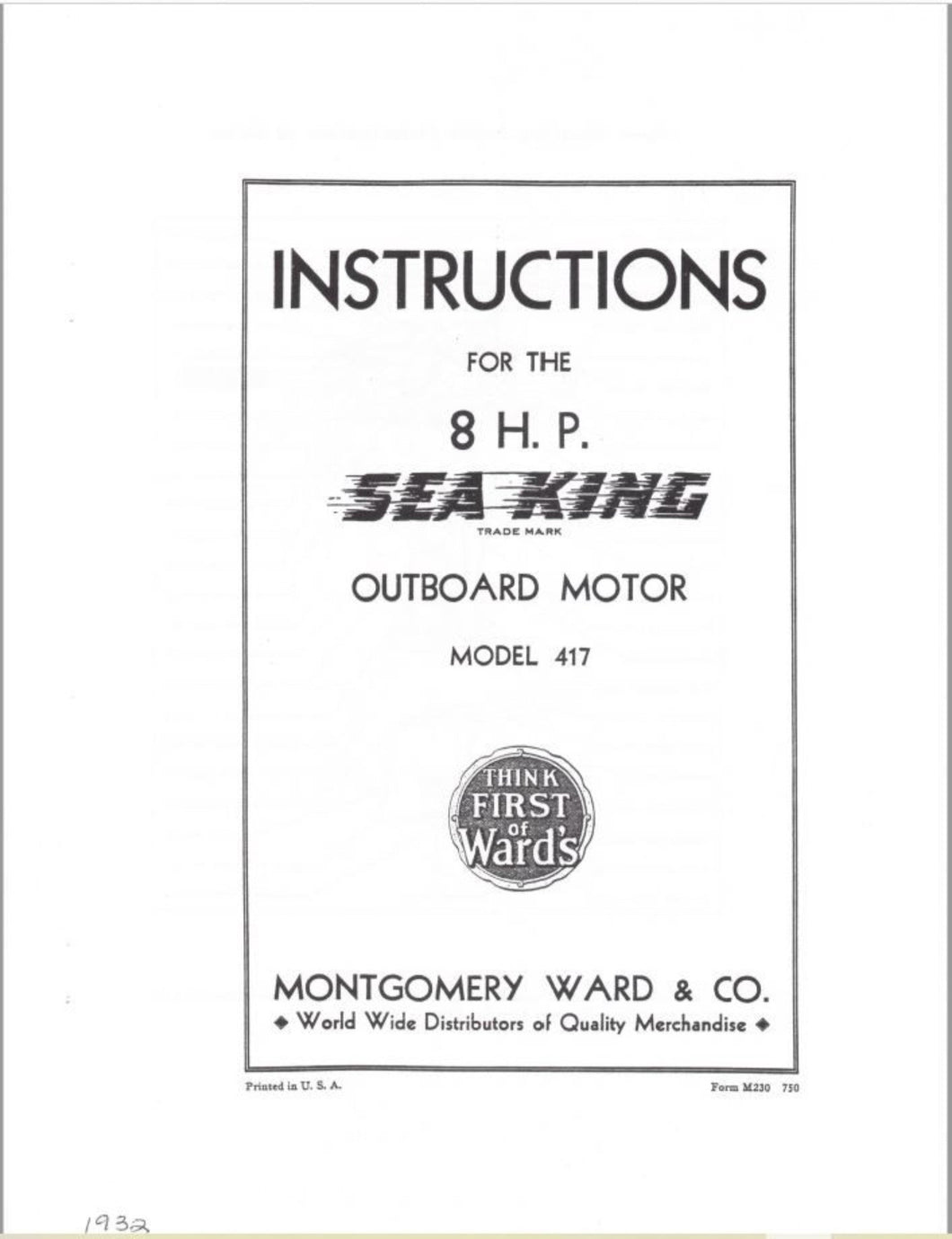 1932 Wards Sea King 8 HP Model 417 Owner's Guide/Parts Catalog