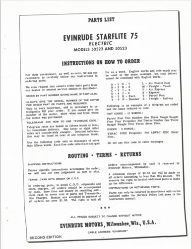 1960 Evinrude Starflite 75HP Electric 50522 50523 Parts Catalog