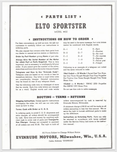 1949 Evinrude 5 HP Elto Sportster 4432 Parts List/Catalog