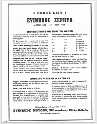 1947 Evinrude 5.4HP Zephyr 4402 4403 4404 4405 Parts Catalog