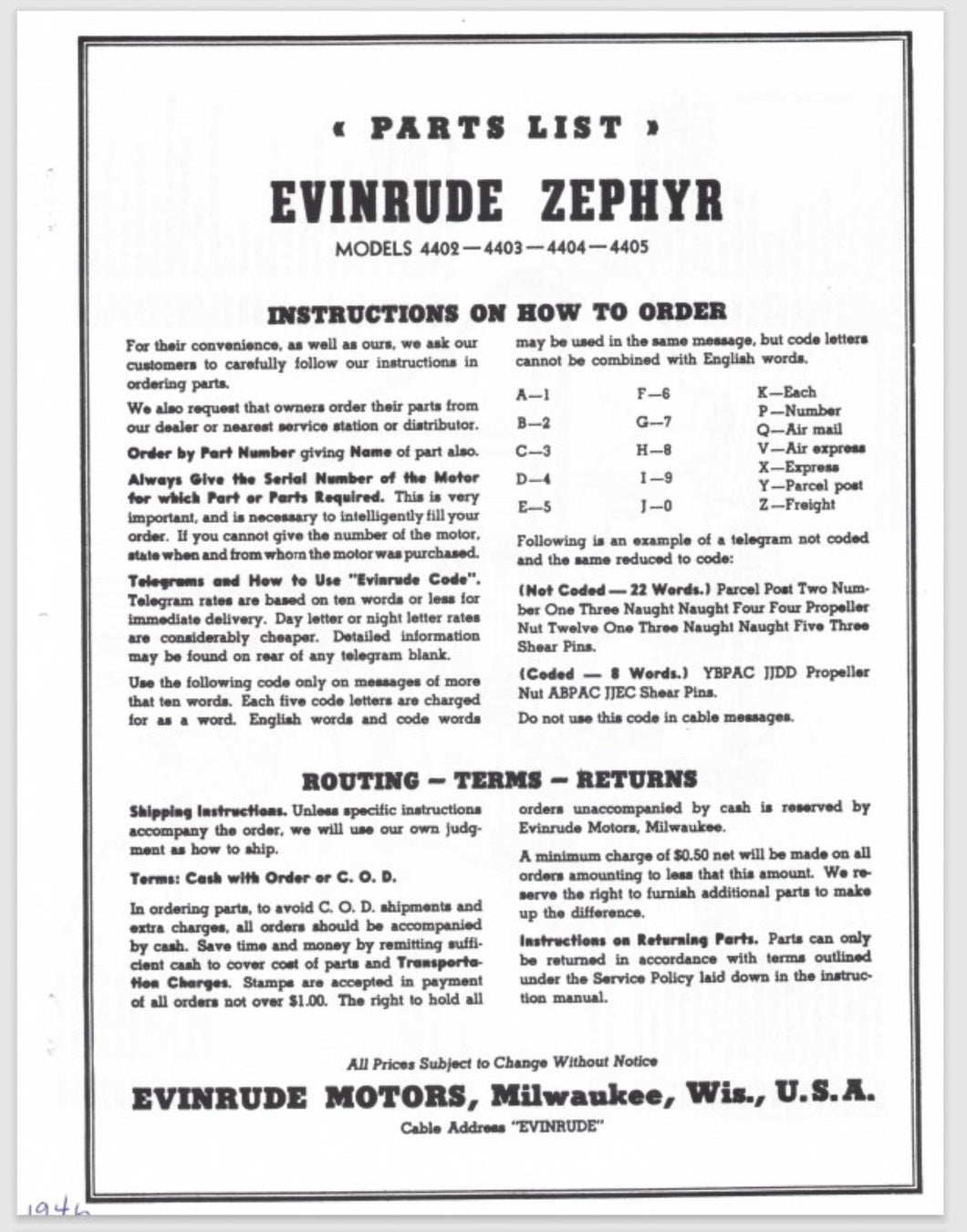 1947 Evinrude 5.4HP Zephyr 4402 4403 4404 4405 Parts Catalog