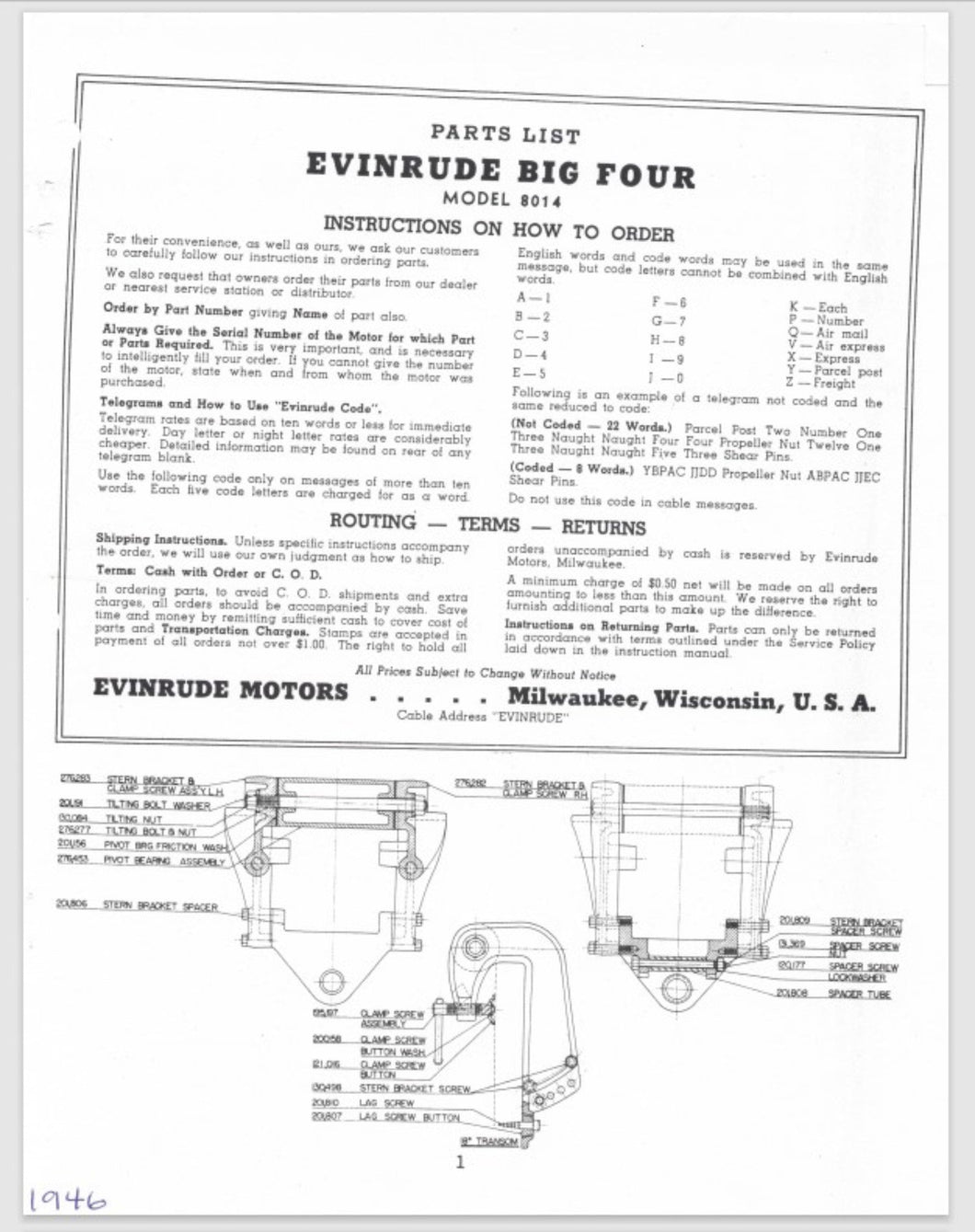 1946 Evinrude 50HP Big Four 8014 Parts List/Catalog