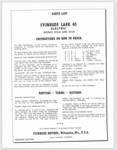 1961 Evinrude 10HP Lark 40 Electric 35520 35521 Parts Catalog