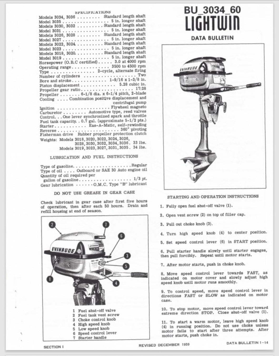 1960 Evinrude Lightwin 3HP 3034 3035 3036 Data Bulletin BU_3034_60