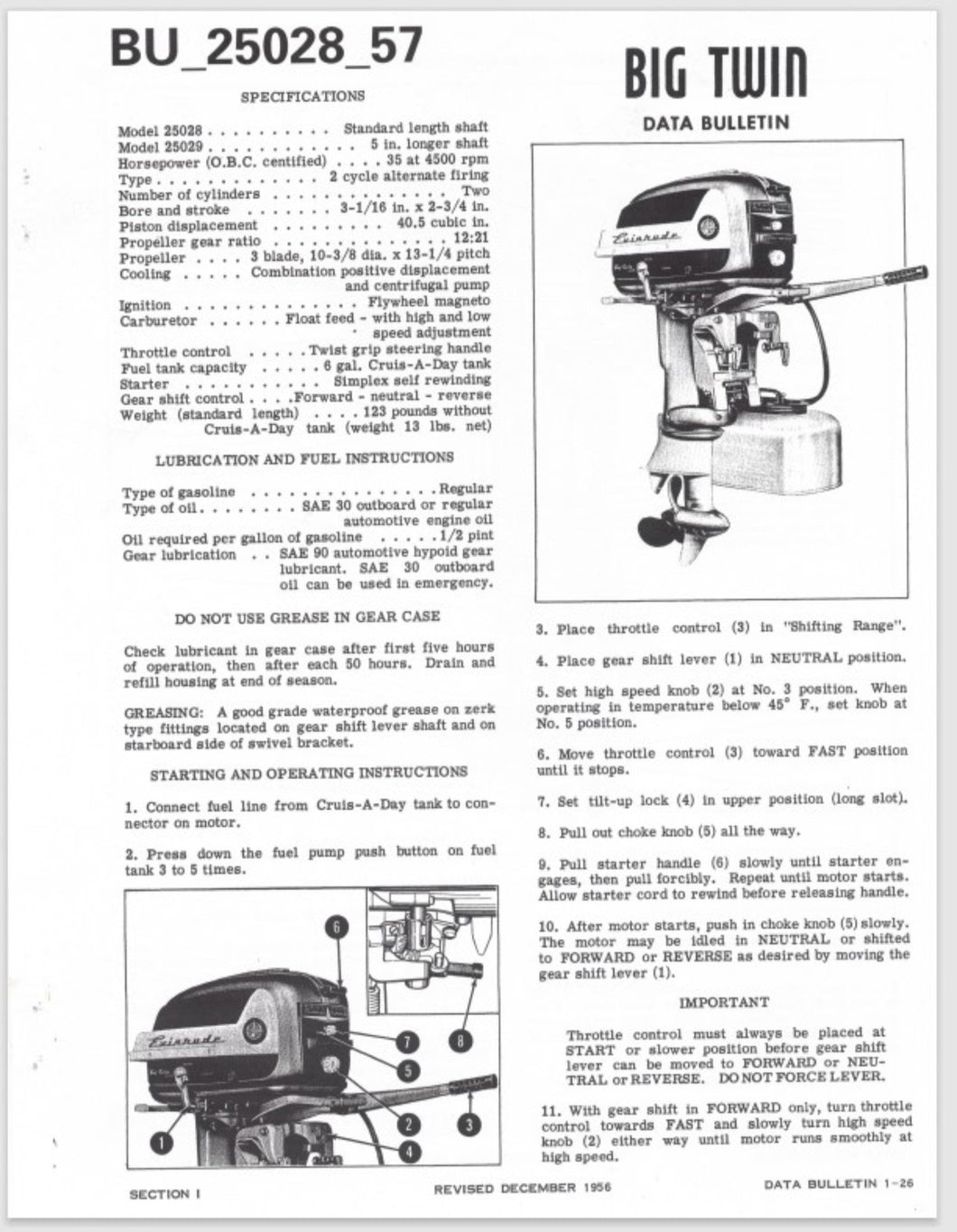 1957 Evinrude 35 HP Big Twin 25028 25029 Data Bulletin