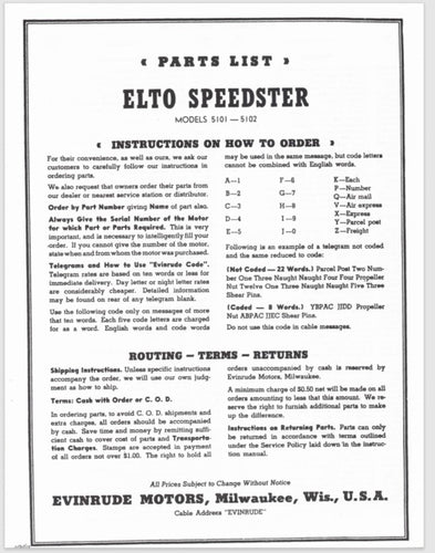 1949 Evinrude 12 HP Elto Speedster 5101 5102 Parts List/Catalog