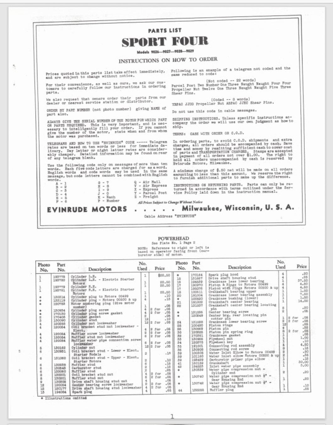 1937 Evinrude 16.2 HP Sport Four 9026 9027 9028 9029 Parts Catalog