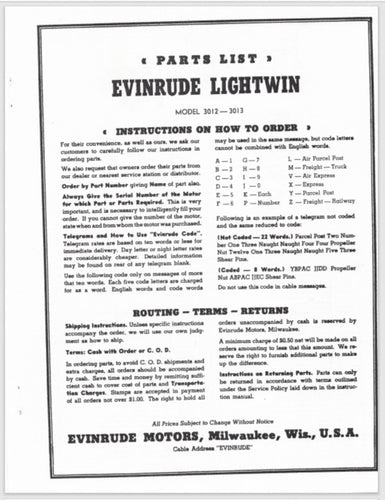 1952-1954 Evinrude 3 HP Lightwin 3012 3013 Parts Catalog