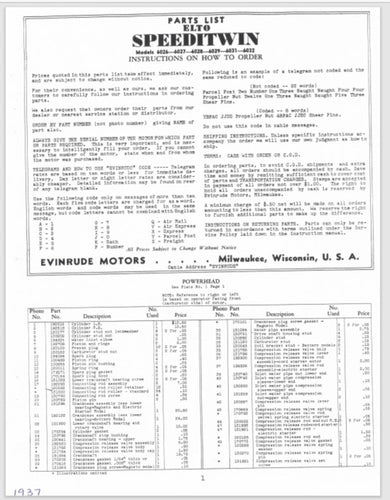 1937 Evinrude Speeditwin 22.5 HP 6026 6027 6028 6029 6031 6032 Parts Catalog