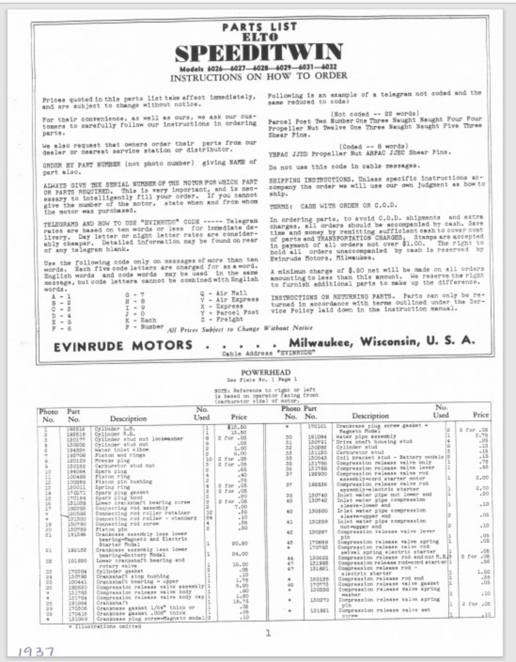 1937 Evinrude Speeditwin 22.5 HP 6026 6027 6028 6029 6031 6032 Parts Catalog