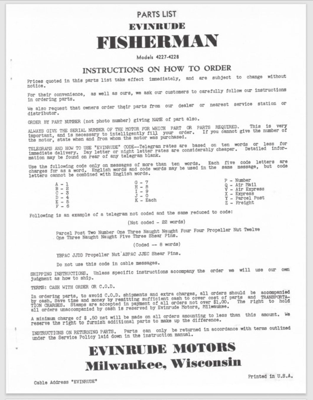 1937 Evinrude 4.4 HP Fisherman 4227 4228 Parts Catalog