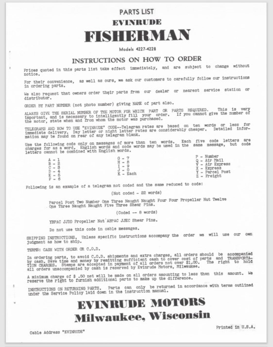 1937 Evinrude 1.6 HP Fisherman 4207 4208 Parts Catalog