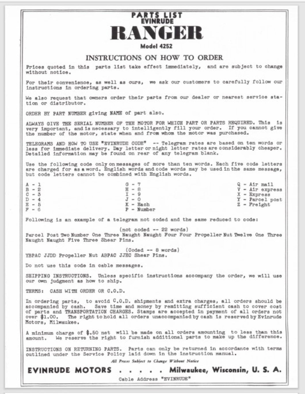 1938 Evinrude Ranger 4252 Parts Catalog