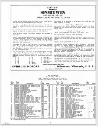 1938 Evinrude Sportwin 4258 4259 4287 4288 Parts Catalog