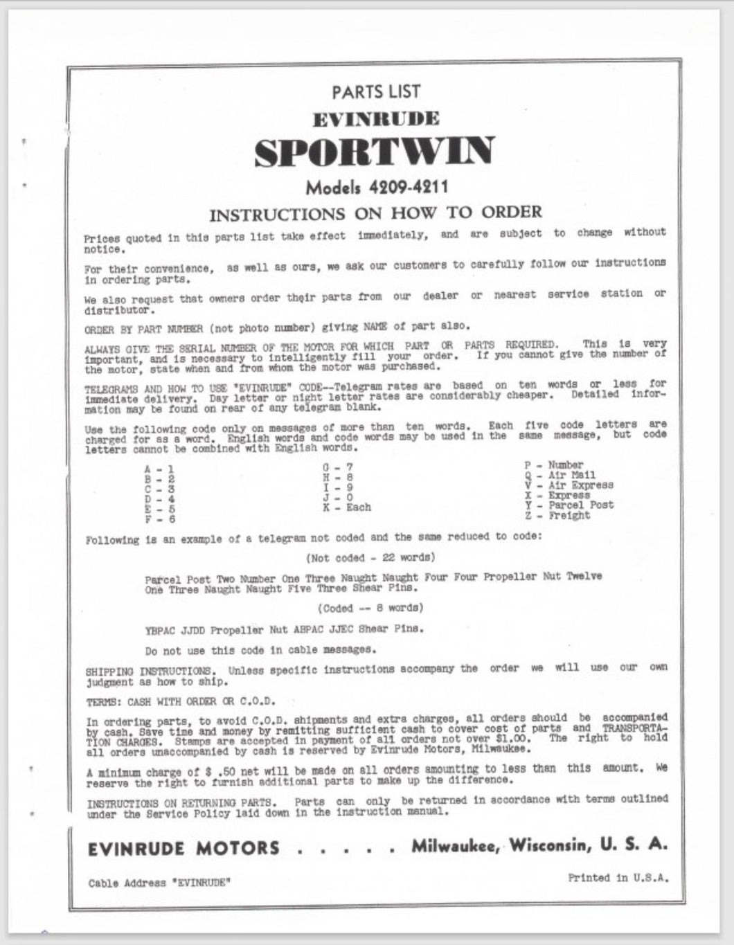 1937 Evinrude Sportwin 4209 4211 Parts Catalog