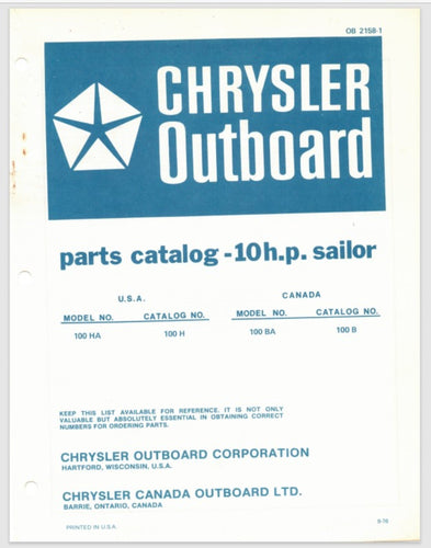 1976 Chrysler 10 HP 100HA 100BA Parts Catalog