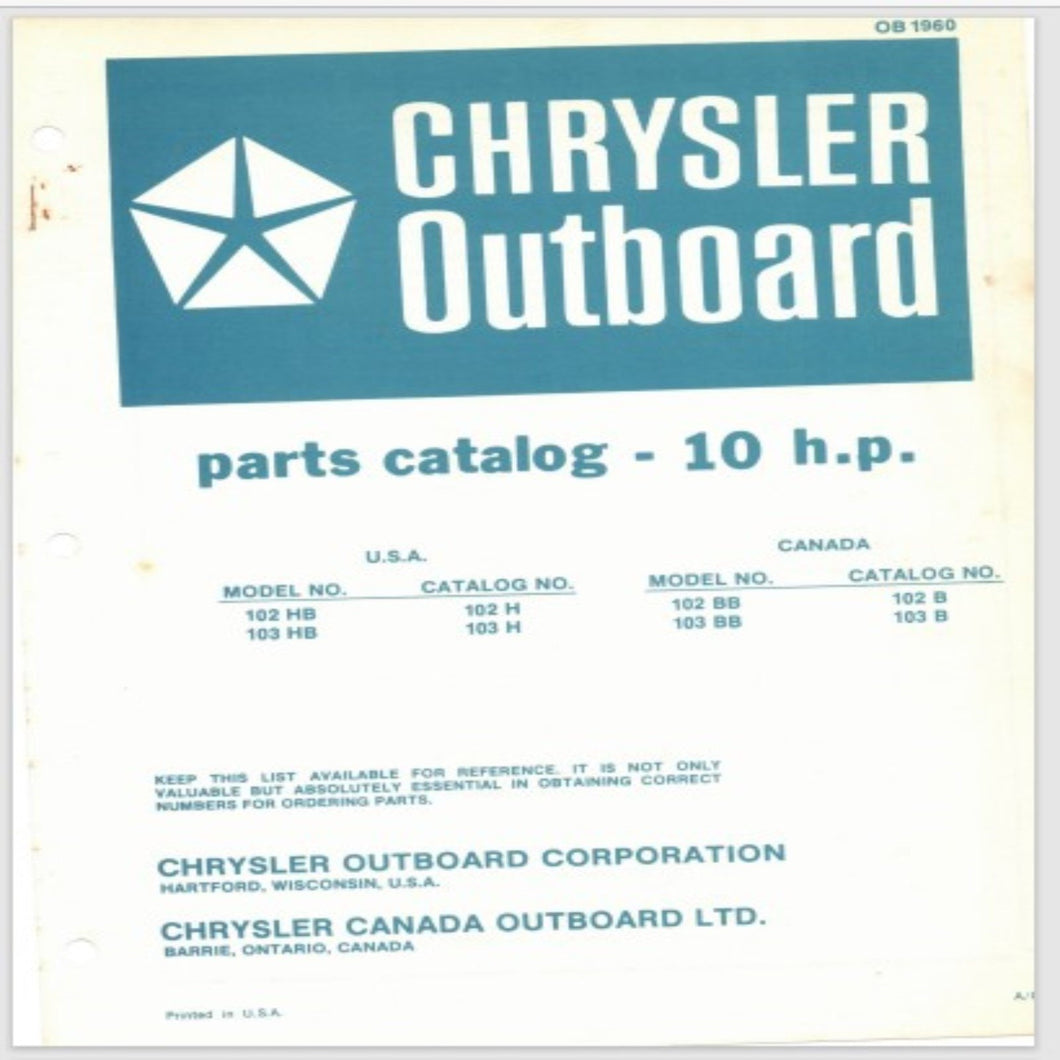 1975 Chrysler 10HP 102HB 103HB 102BB 103BB Parts Catalog - Used