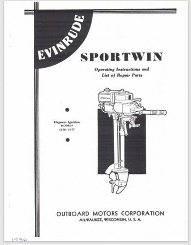 1936 Evinrude 2.5 HP Sportwin 4156 4157 Parts Catalog