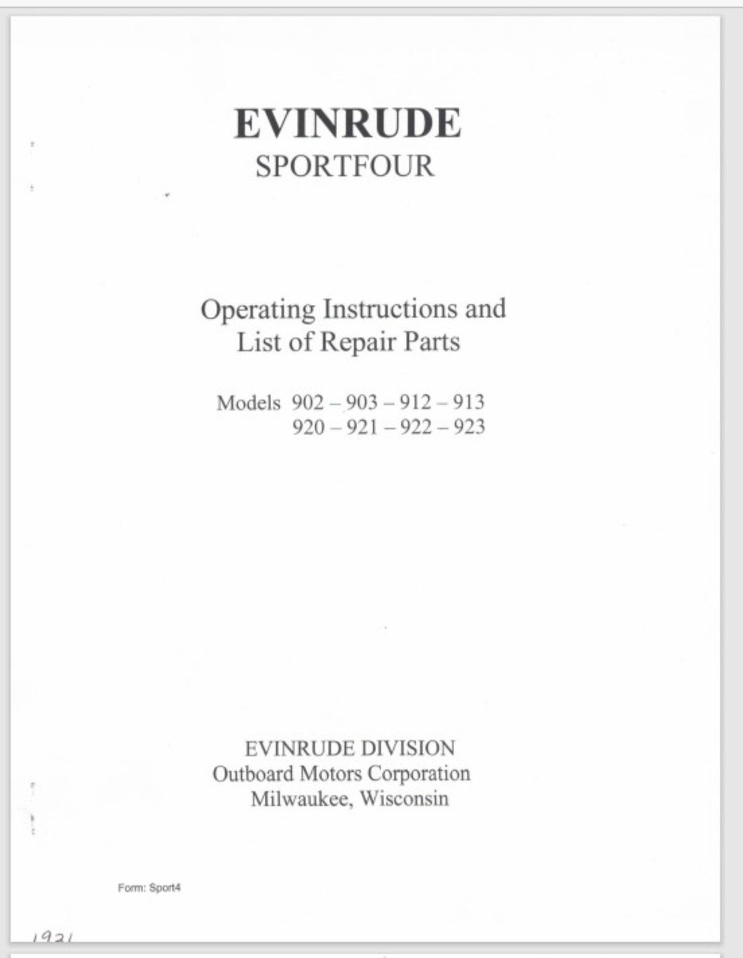 1931 Evinrude SportFour 18 HP 902 903 912 913 920 923 Parts Catalog