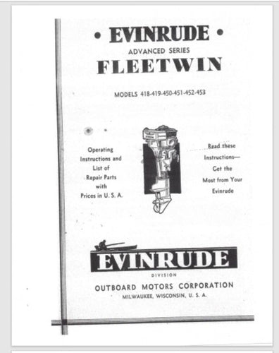 1932 Evinrude Fleetwin 11HP 418 419 450 452 453 Parts Catalog