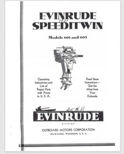 1931-1933 Evinrude Speeditwin 25 HP 601 603 Parts Catalog